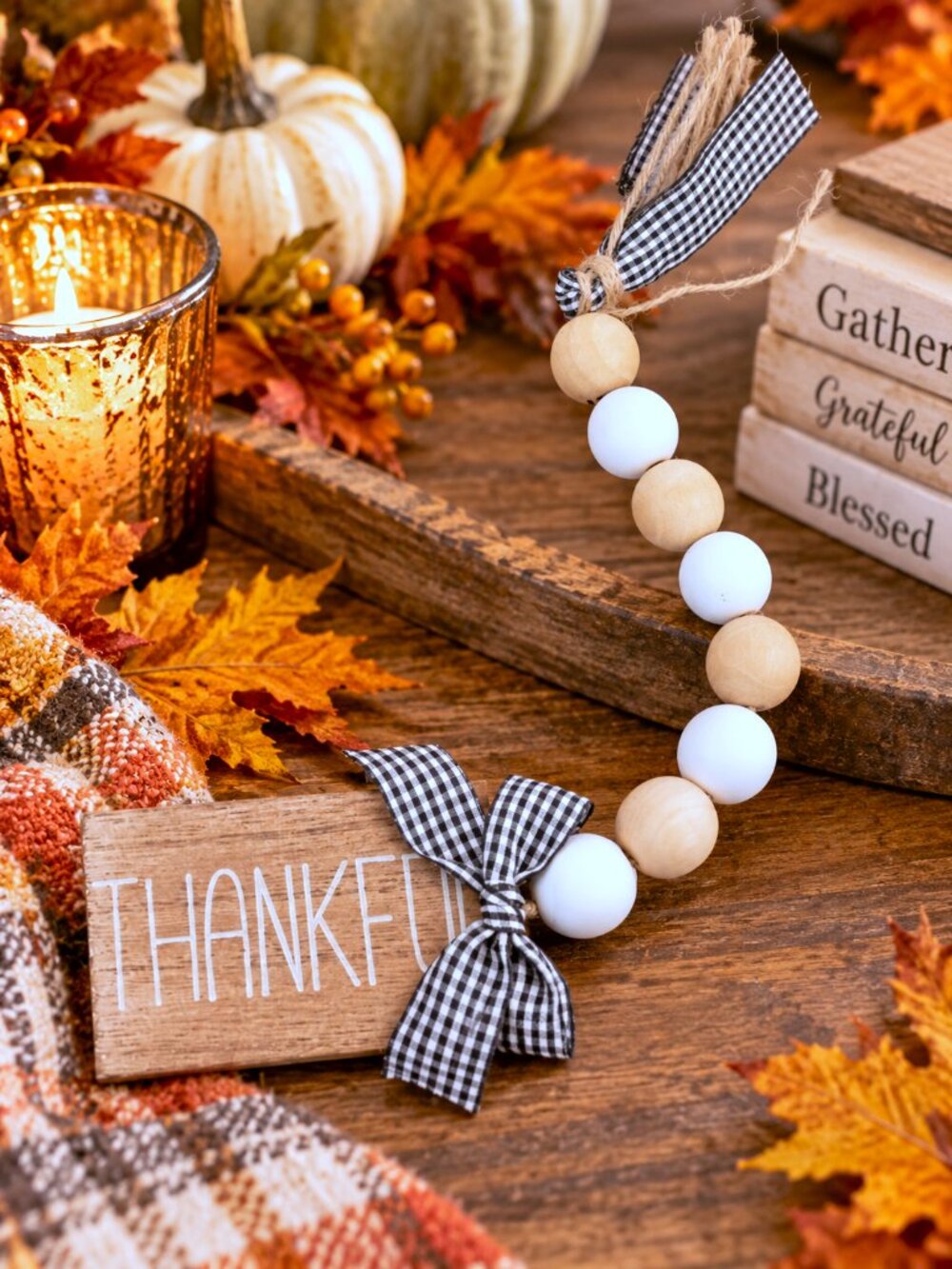 Thankful Wood Bead Garland Gingham Farmhouse Rustic Fall Thanksgiving Home Décor